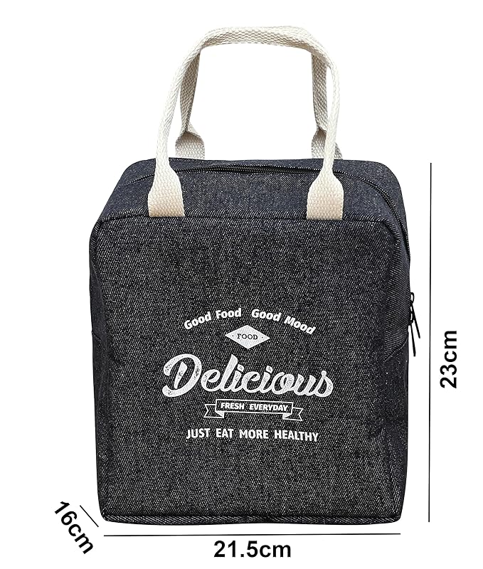 Insulated Reusable Jeans Lunch Bag Tote Bag (Jeans Dark Blue), 3 Liters