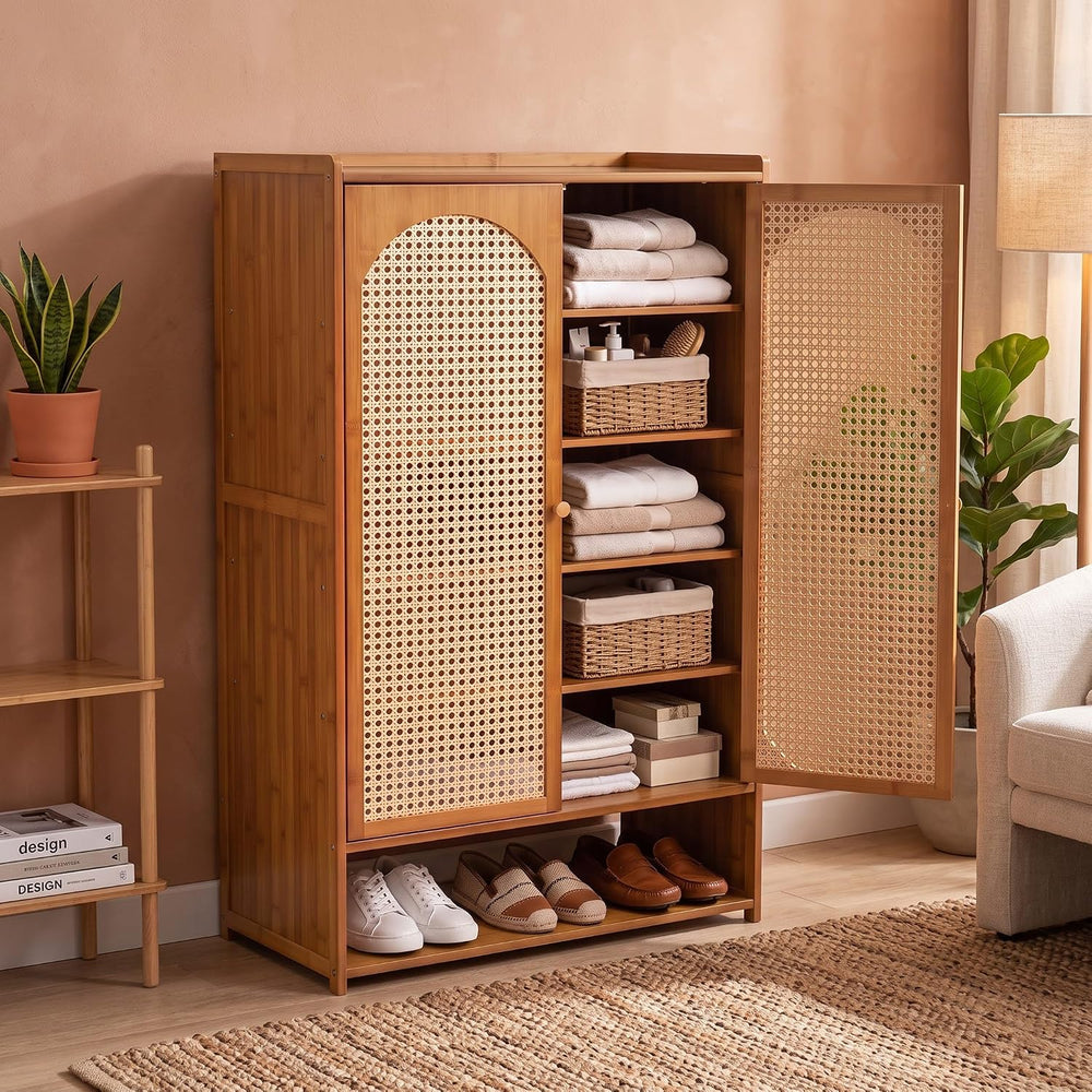 Narrow 2 Door 6-Layer Wooden Shoe Cabinet - Brown