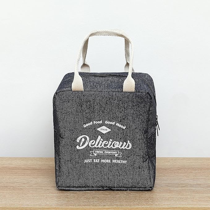 Insulated Reusable Jeans Lunch Bag Tote Bag (Jeans Dark Blue), 3 Liters