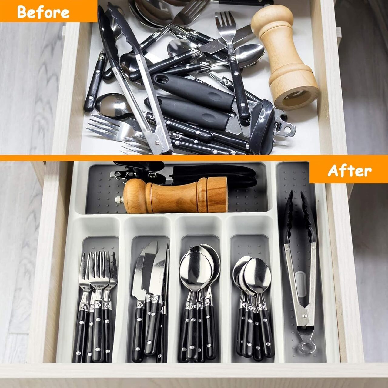 Cutlery Drawer Organiser for kitchen utensils 6 compartment (White)