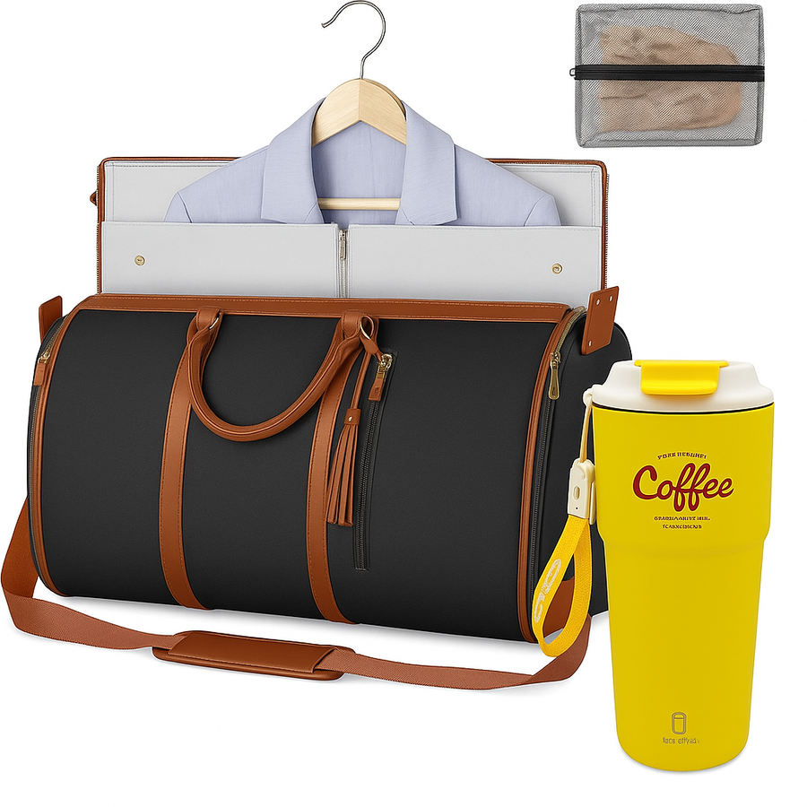620ML Stainless Steel Coffee Mug & 2-in-1 Convertible Garment Duffel Bag with Shoe Pouch Set