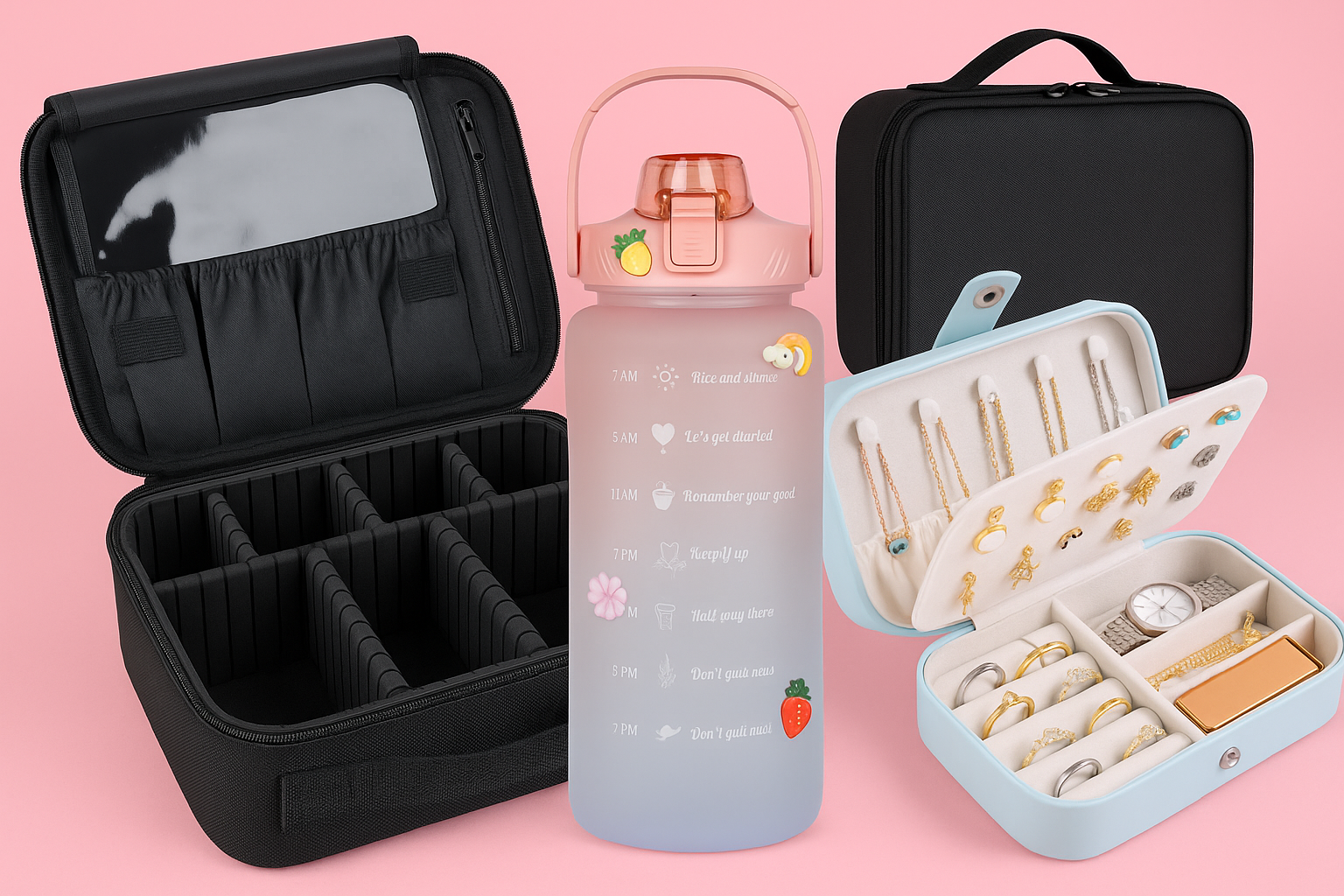 Raksha Bandhan Essentials Combo – 2L Cute Hydration Bottle, Black Travel Makeup Organizer & Sky Blue Jewelry Box