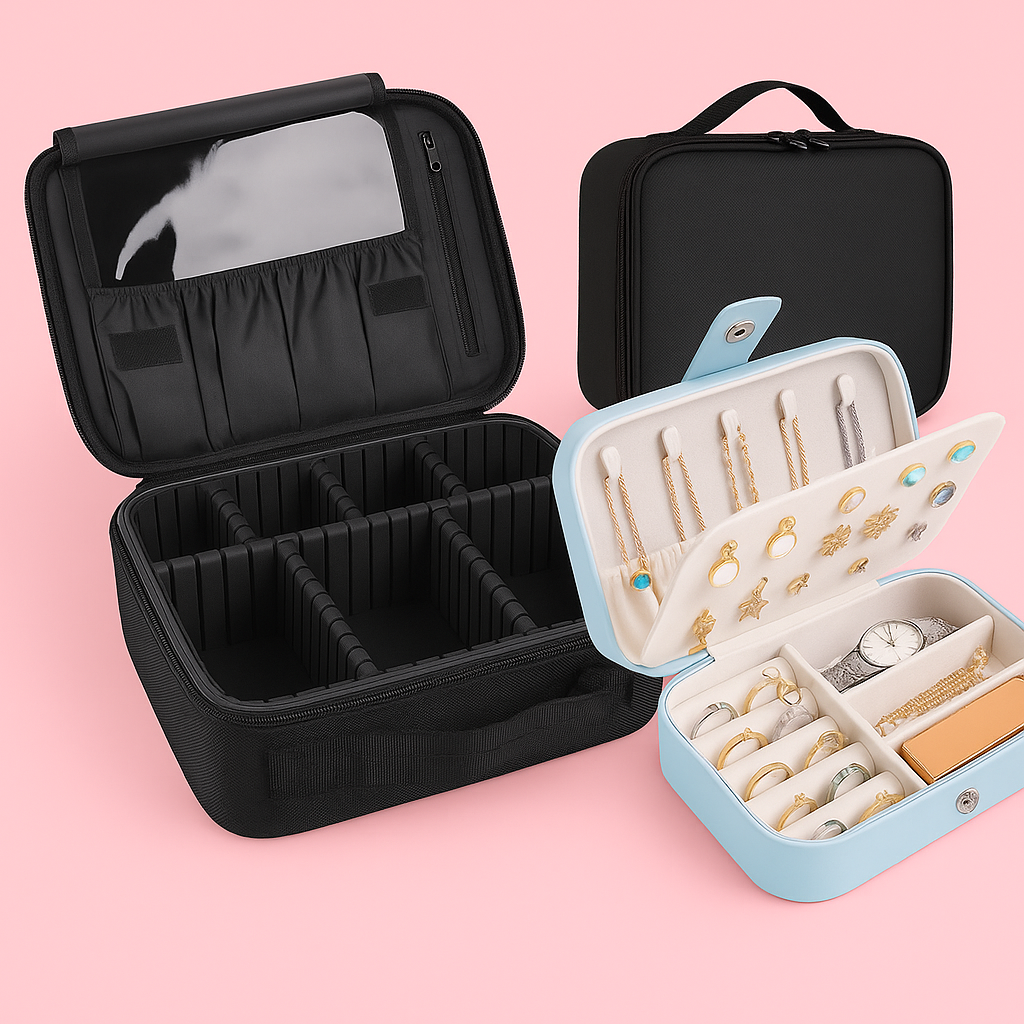 Black Makeup Case & Sky Blue Jewelry Box – Stylish Travel Organizer Set for Sister