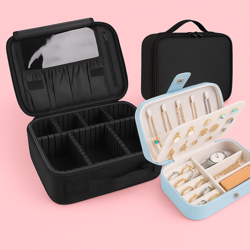 Black Makeup Case & Sky Blue Jewelry Box – Stylish Travel Organizer Set for Sister