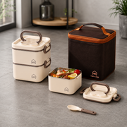 304 Stainless Steel Lunch Box with Divider, Lunch Bag & Spoon (Beige)