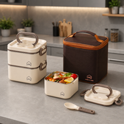 304 Stainless Steel Lunch Box with Divider, Lunch Bag & Spoon (Beige)