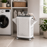 70L Rolling Laundry Hamper with Lid – Large Plastic Basket with Wheels & Handle (White)