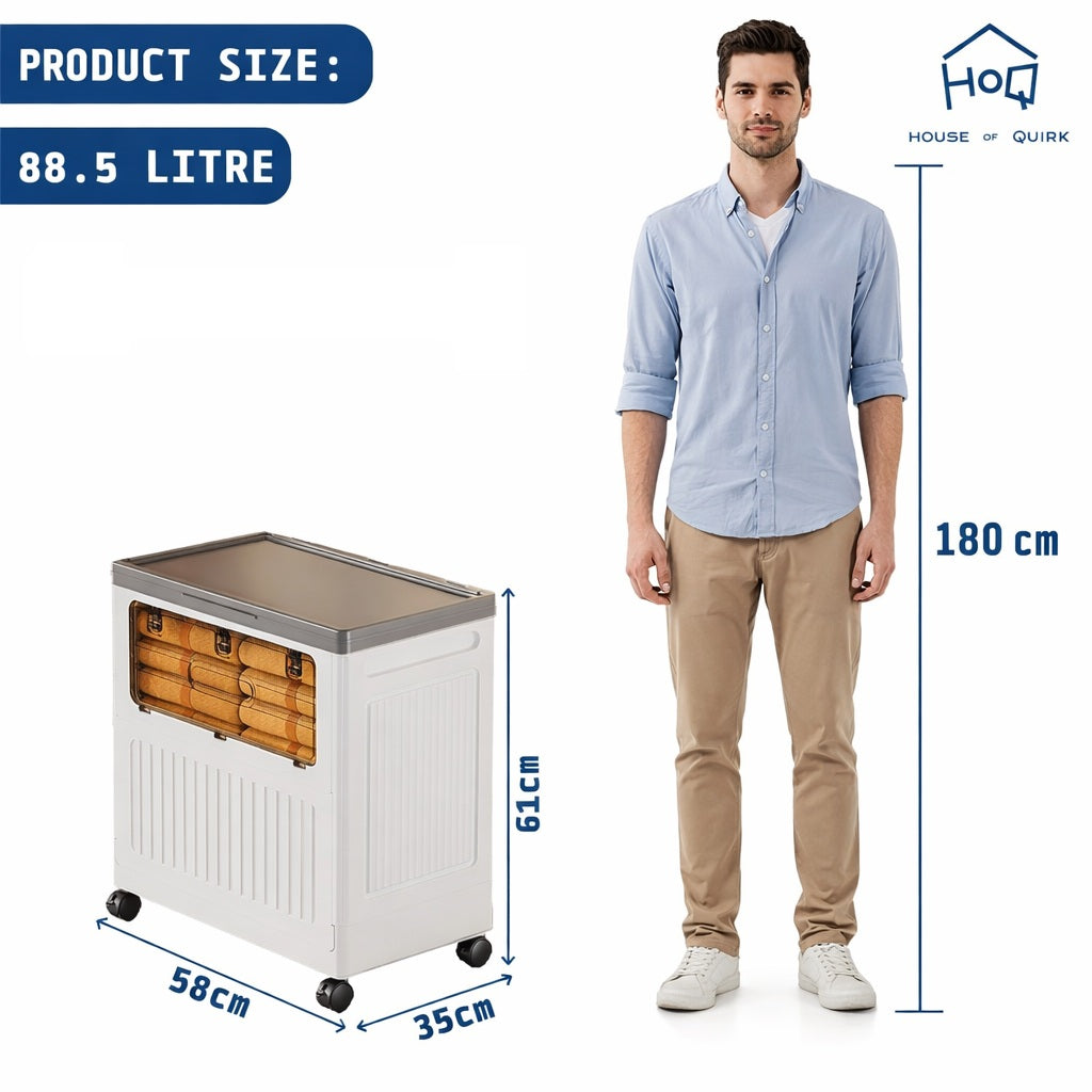 Foldable Storage Box with Lid & Wheels (White/Grey, 58cm)