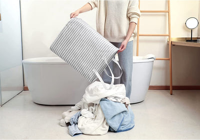 Waterproof Laundry Hamper Collapsible Baskets with Easy Carry Handles Large - White Grey Stripe