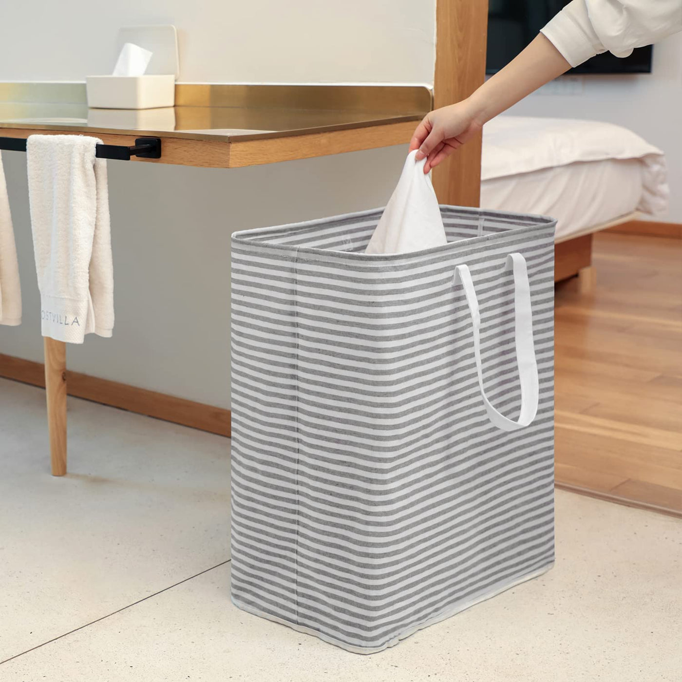 Waterproof Laundry Hamper Collapsible Baskets with Easy Carry Handles Large - White Grey Stripe