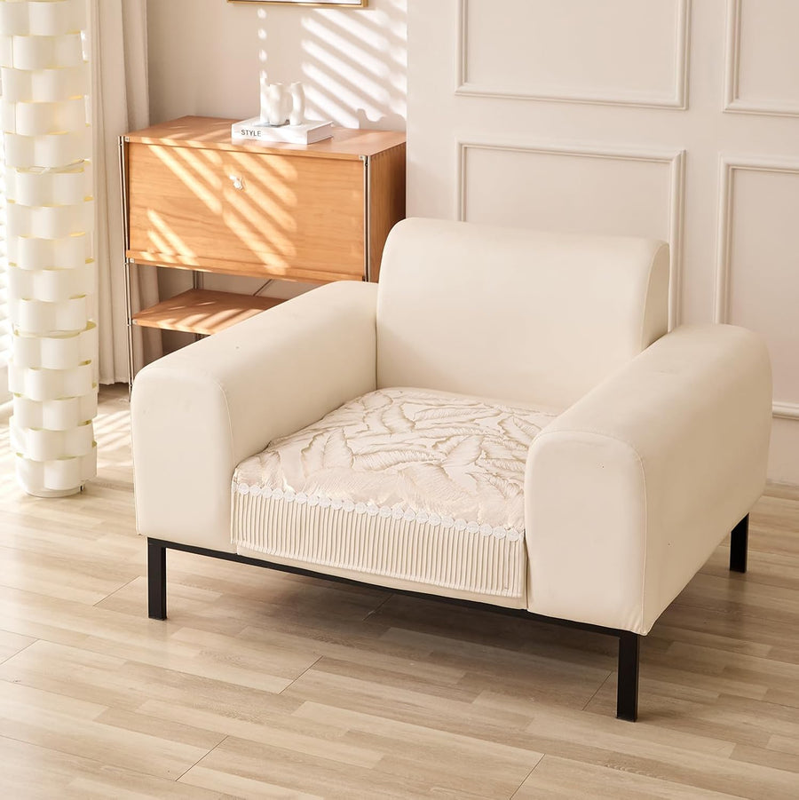 Sofa Cover Mat Leaf Pattern Chenille Fabric Seater Sofa (Beige)