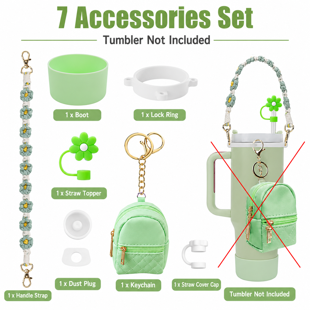 7 PCS Cup Accessories Set | Tumbler Accessories for 30oz & 40oz | Silicone Boot, Handle Strap, Coin Purse & Straw Covers(Tumbler Not Included)