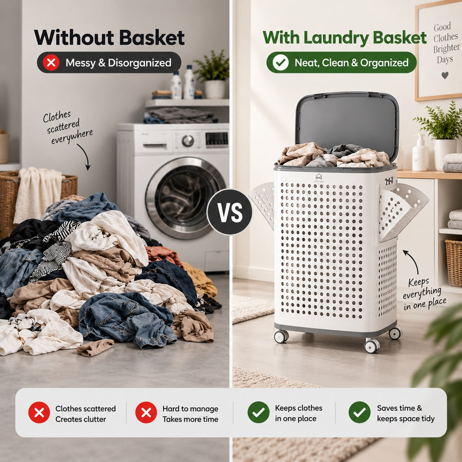 70L Rolling Laundry Hamper with Lid – Large Plastic Basket with Wheels & Handle (White)