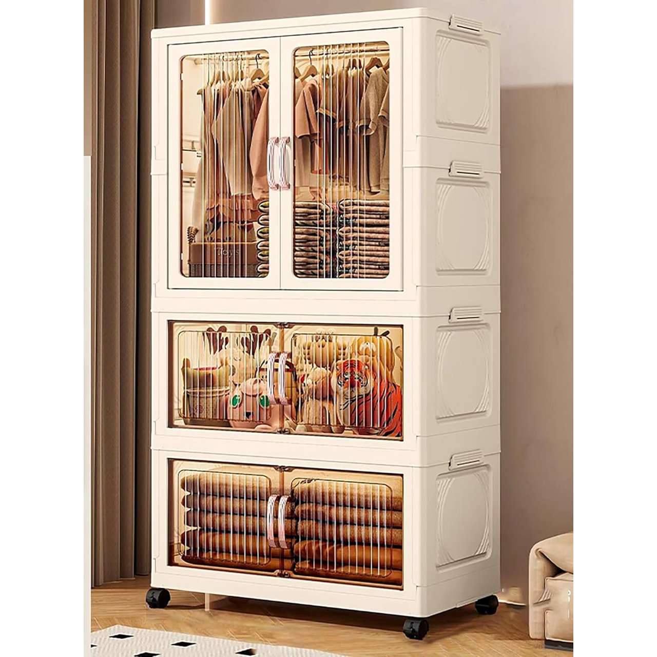 Clothes Storage Box Cabinet with Plastic 8 Hanger, Spacious Compartments