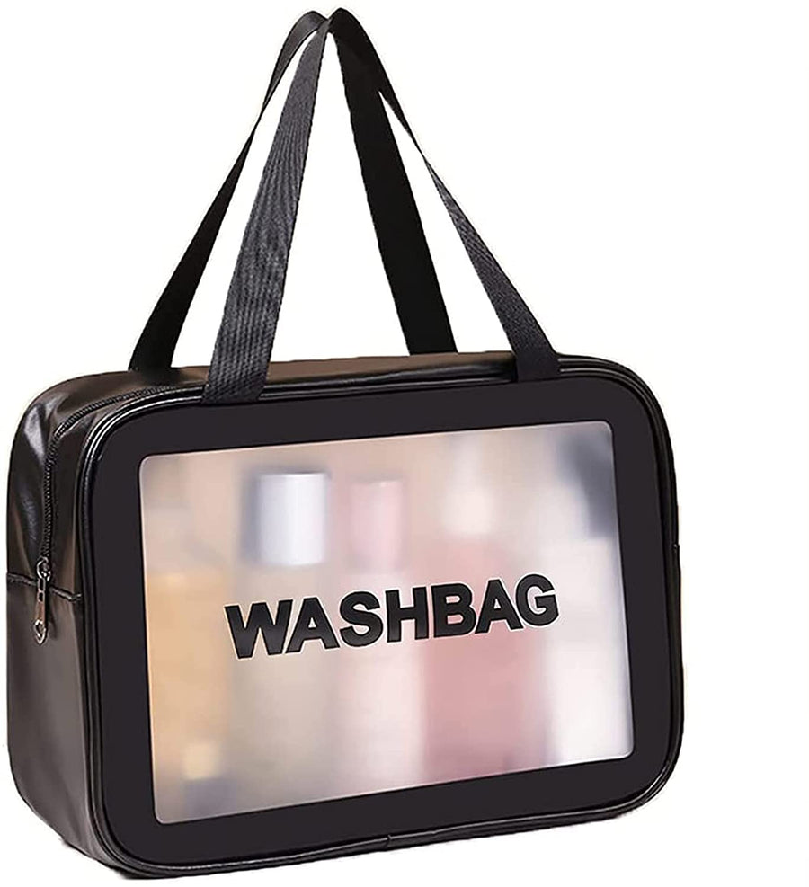 Clear Toiletry Bag, Wash Make Up Bag PVC Waterproof Zippered Cosmetic Bag (Black Large)