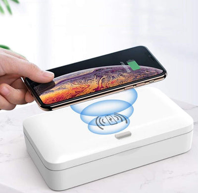 UV Light Sterilizer Box With Wireless Phone Charger, UV-C Disinfection for Mobile Phone, Salon Tool, Nail Clippers, Toothbrush, Jewelry, Watches - White