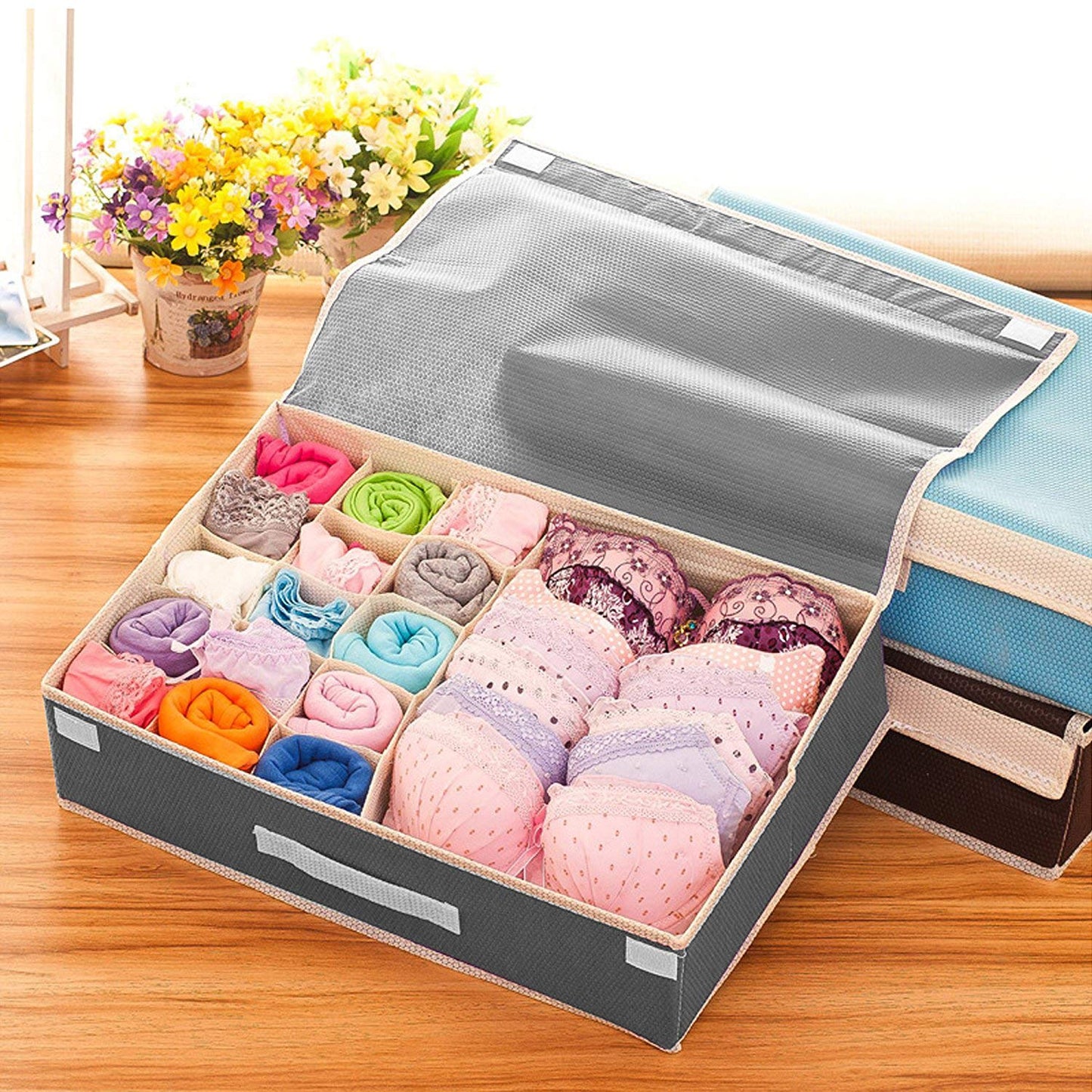 Innerwear Organizer 16+1 Compartment Foldable Fabric Storage Box - (44 x 28 x 12 cm)