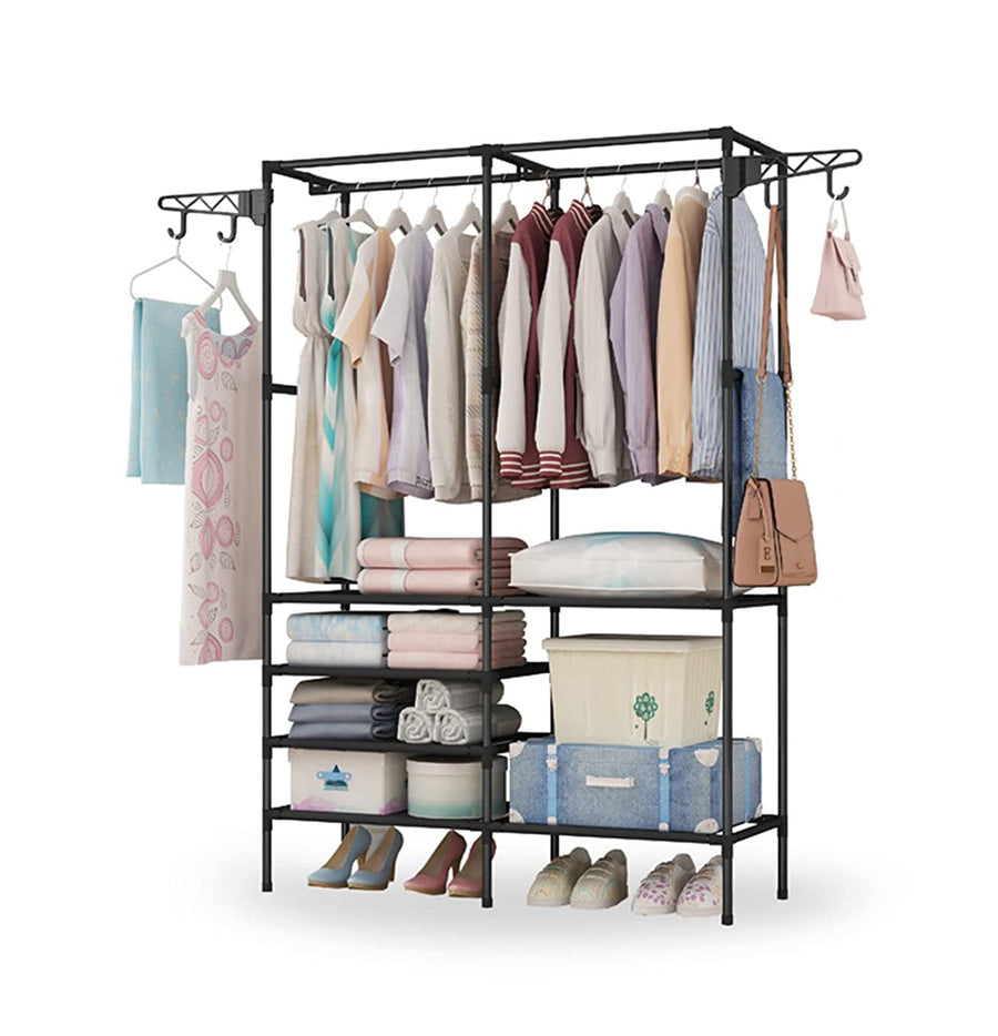 Heavy Duty Clothes Hanging Freestanding Wardrobe with 4 Hangers and 4-Tier Lower Storage Shelf