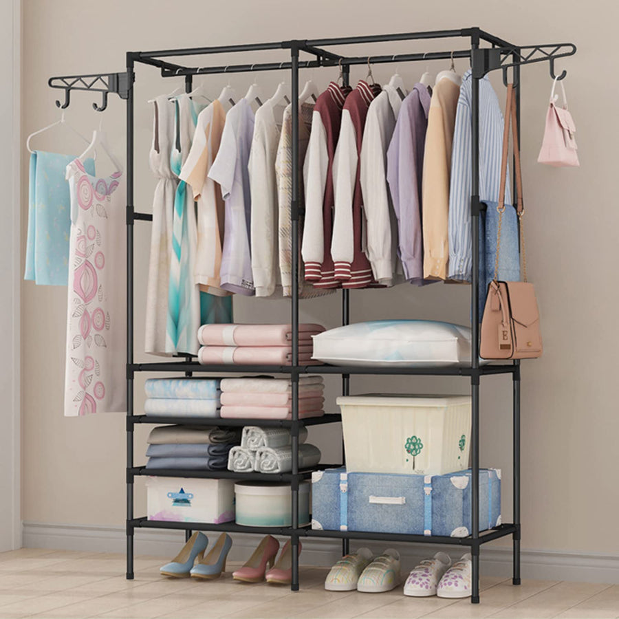 Heavy Duty Clothes Hanging Freestanding Wardrobe with 4 Hangers and 4-Tier Lower Storage Shelf