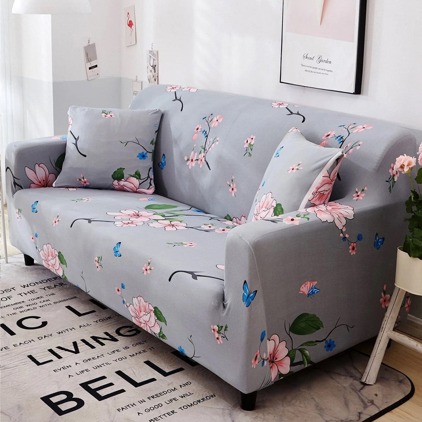 Printed Sofa Cover - Grey Pink Flower