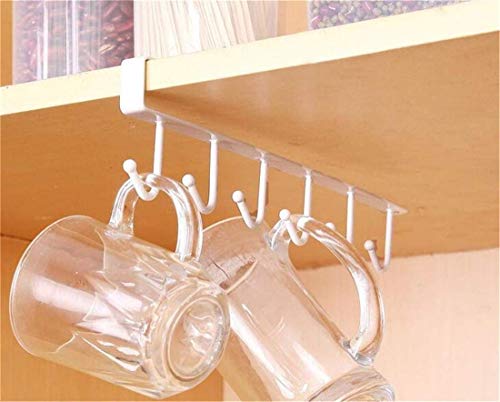 6 Hooks Under Shelf Cup Holder Mutifunctional Kitchen Utensil Rack for Hanging - White