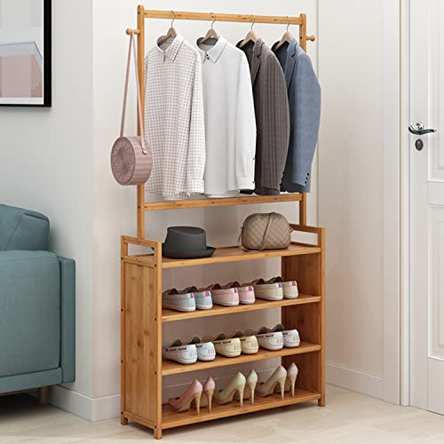 Bamboo Shoe Organizer with Storage Shelves and Clothes Hanger