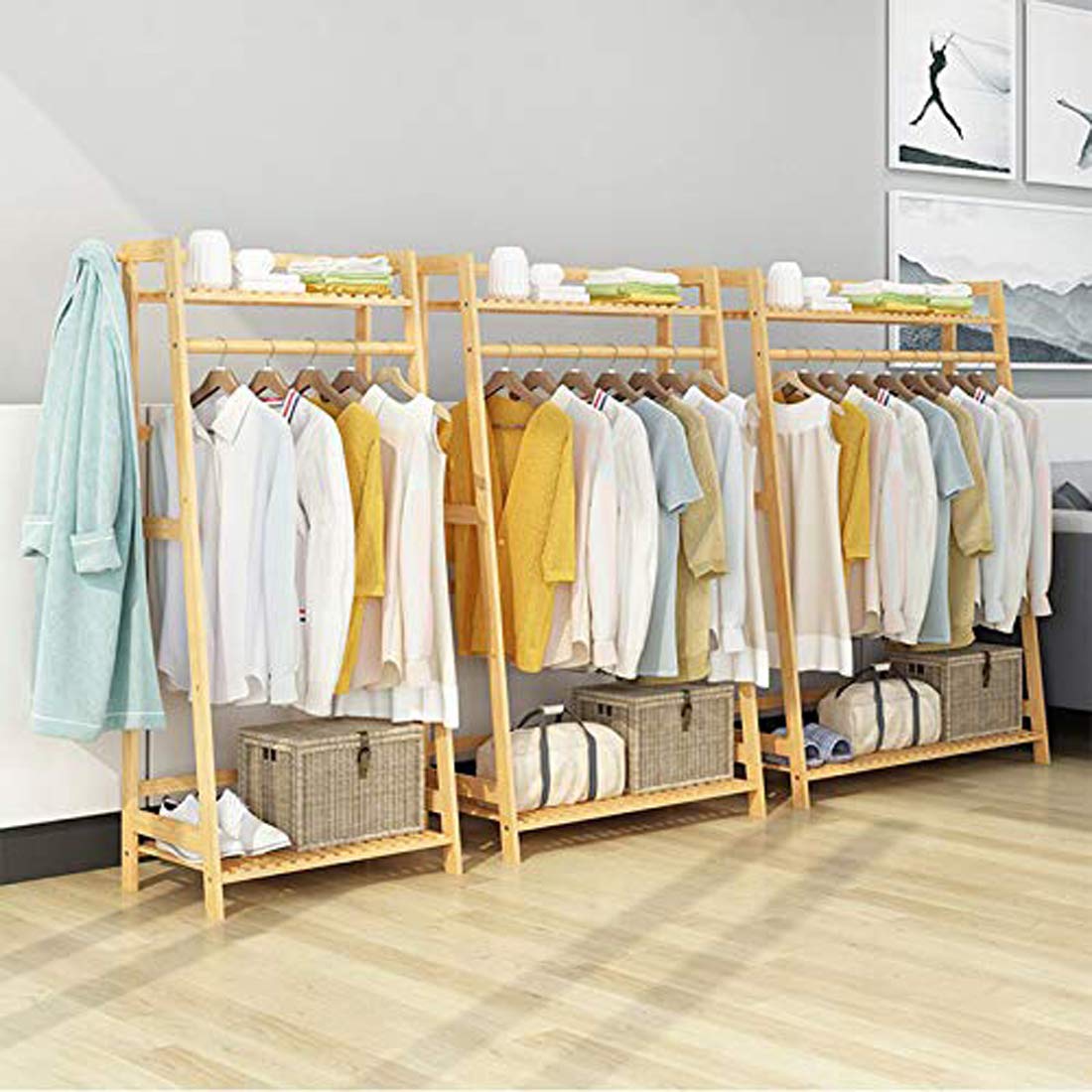 Bamboo Garment Coat Clothes Hanging Duty Rack with Top Shelf and Shoe Clothing Shelves - (80x140cm) DIY (DO-IT-Yourself)