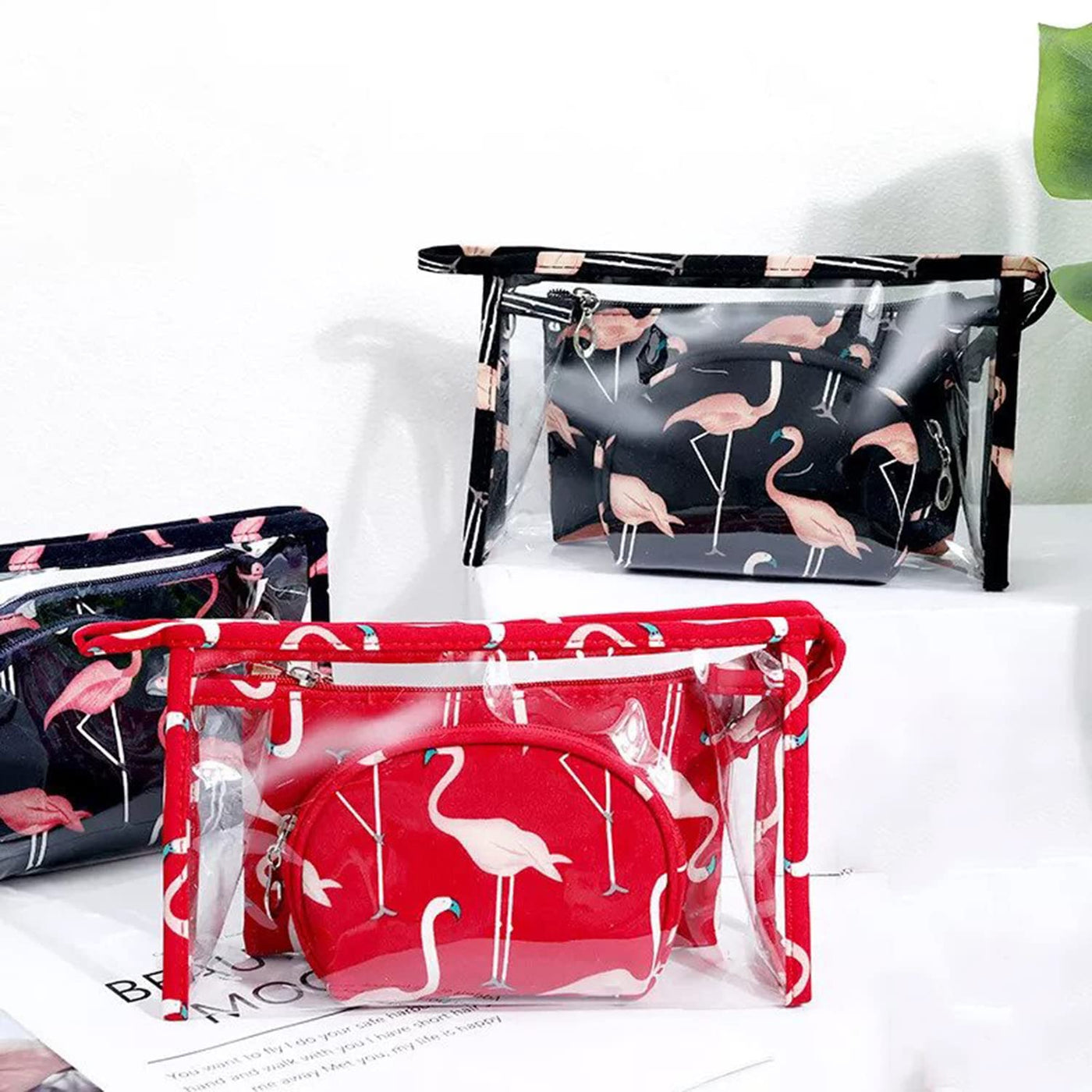 Flamingo Makeup Bag Set for Women Portable 3 Different Sizes Toiletry Bag