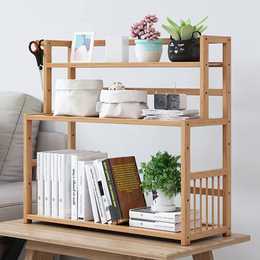2 Tier Bamboo Varnish Finish Multifunction Book Storage Shelves Organizer (60x23x48cm) DO-IT-Yourself