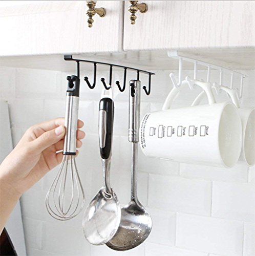 Under Shelf Cup Holder 6 Hooks Kitchen Utensil Rack White