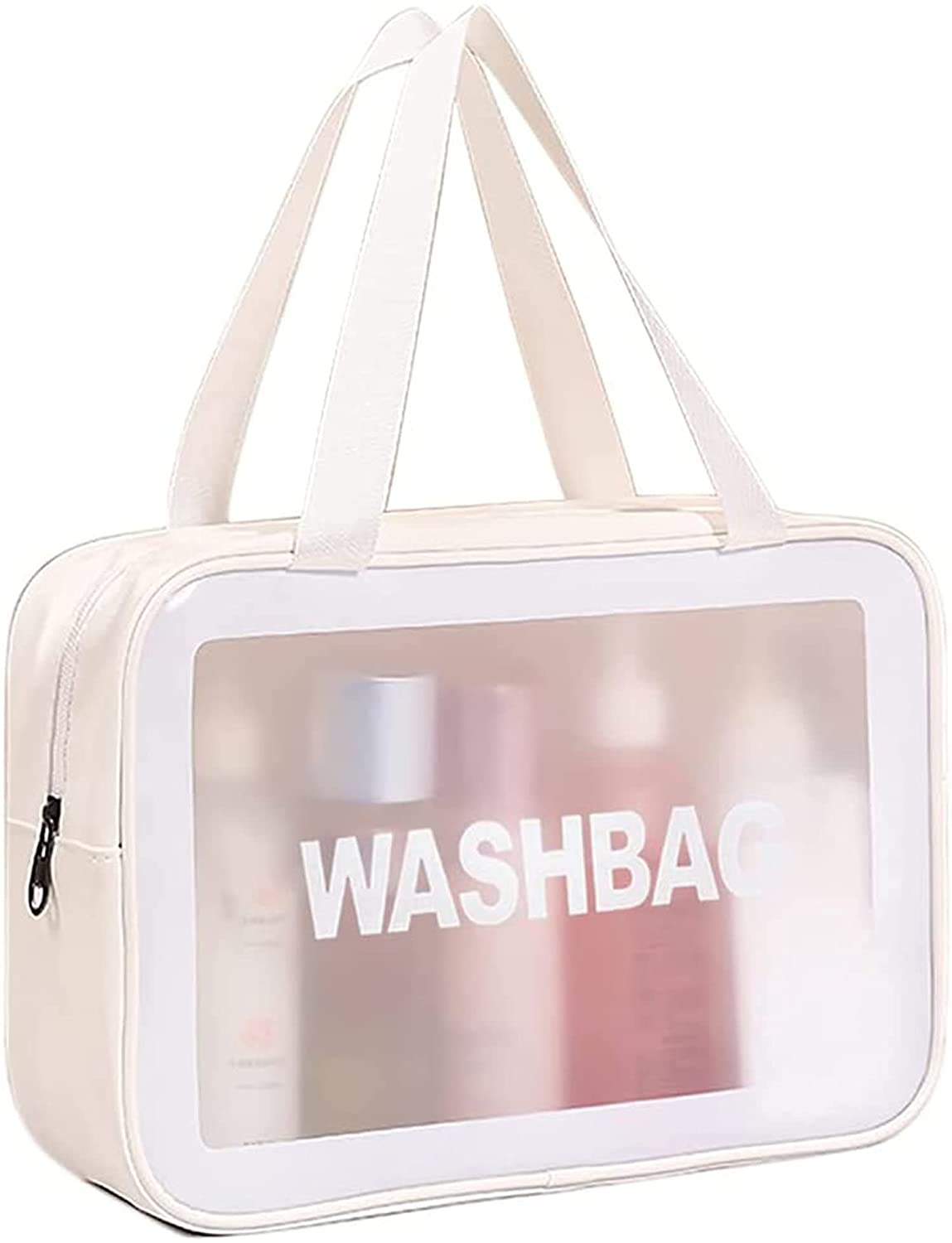 Clear Toiletry Bag, Wash Make Up Bag PVC Waterproof Zippered Cosmetic Bag (White)