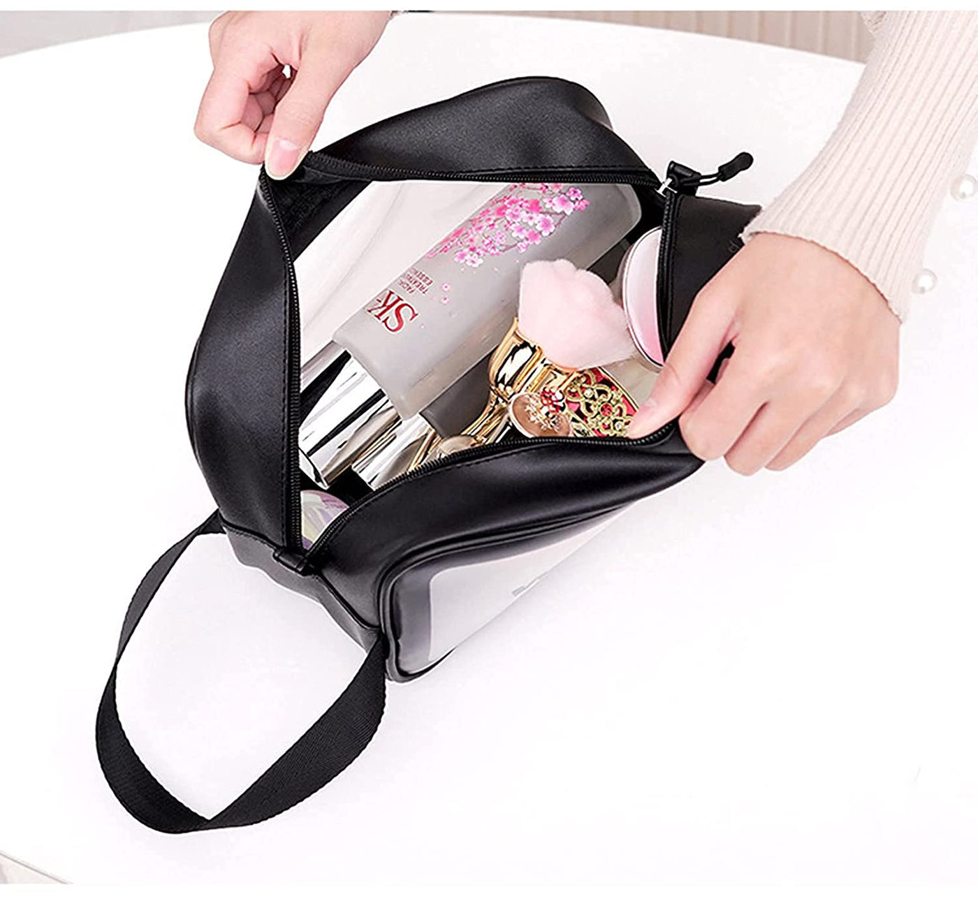 Clear Toiletry Bag, Wash Make Up Bag PVC Waterproof Zippered Cosmetic Bag (Black Large)