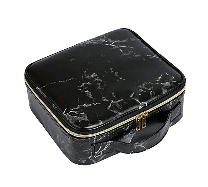 Makeup Cosmetic Storage Case with Adjustable Compartment (Black Marble)