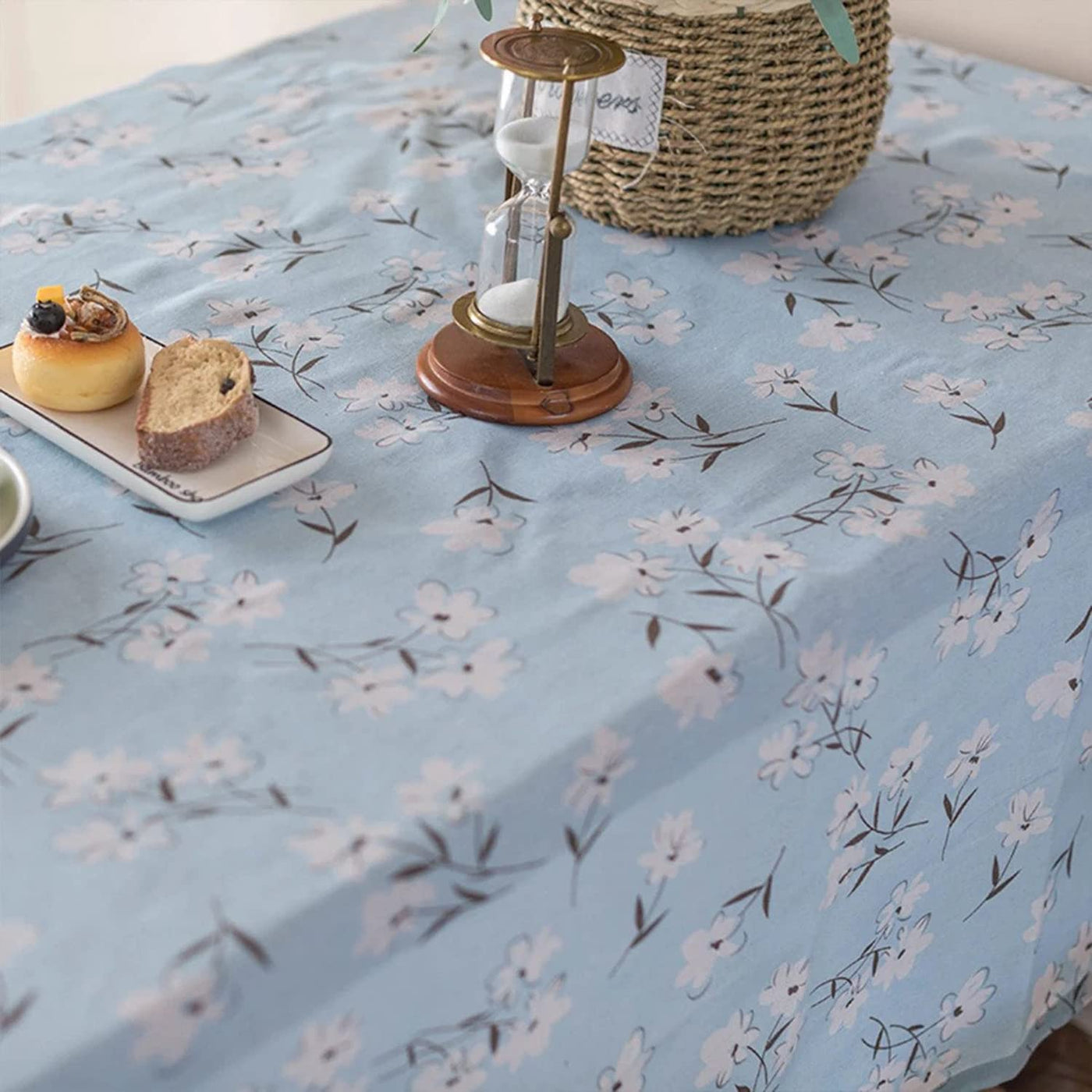 Rectangle Tablecloth Cotton Linen Table Cloth Dust-Proof Table Cover-Blue Daisy