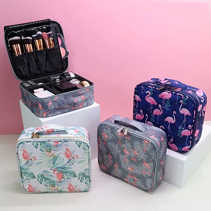 Cosmetic Storage Case with Adjustable Compartment (Grey Flamingo)