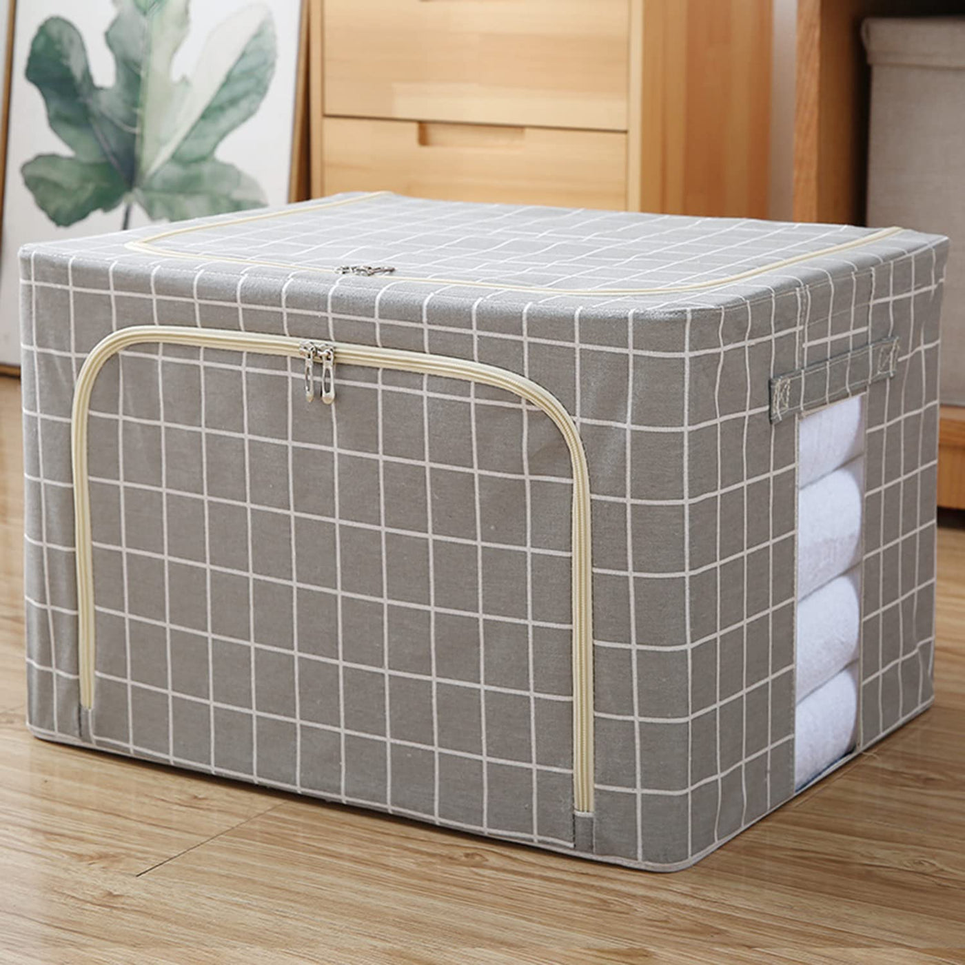 Clothing Storage Box with Steel Frame Support - Grey Check