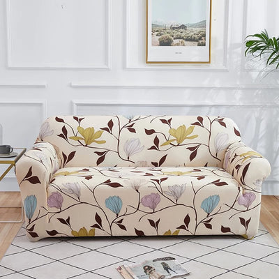 Polyester Spandex Sofa Slipcover-Cream Brown Leaf