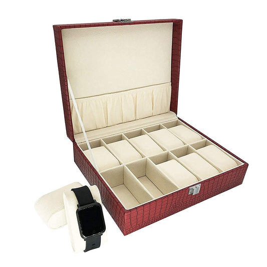 Portable Travel Watch Box 10 Slot For Pu Leather Design Case Cob Maroon