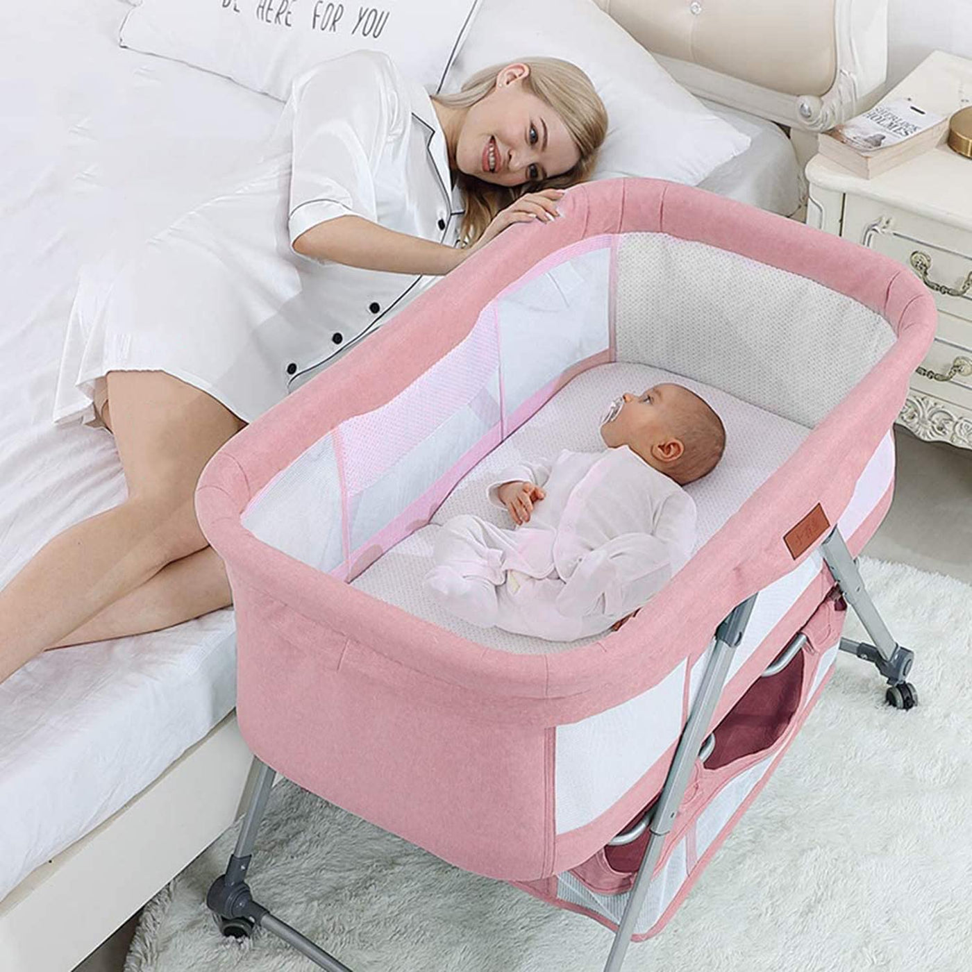 Crib Baby Rack, Foldable, Comes with Casters - Pink