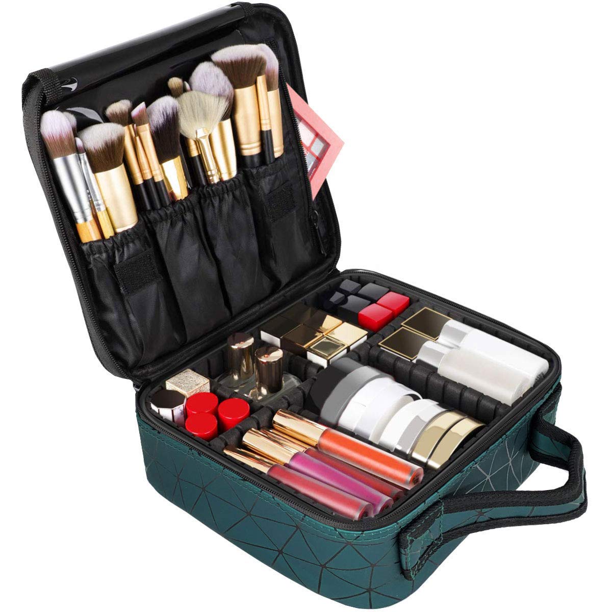 Cosmetic Storage Case with Adjustable Compartment (Green Diamond)
