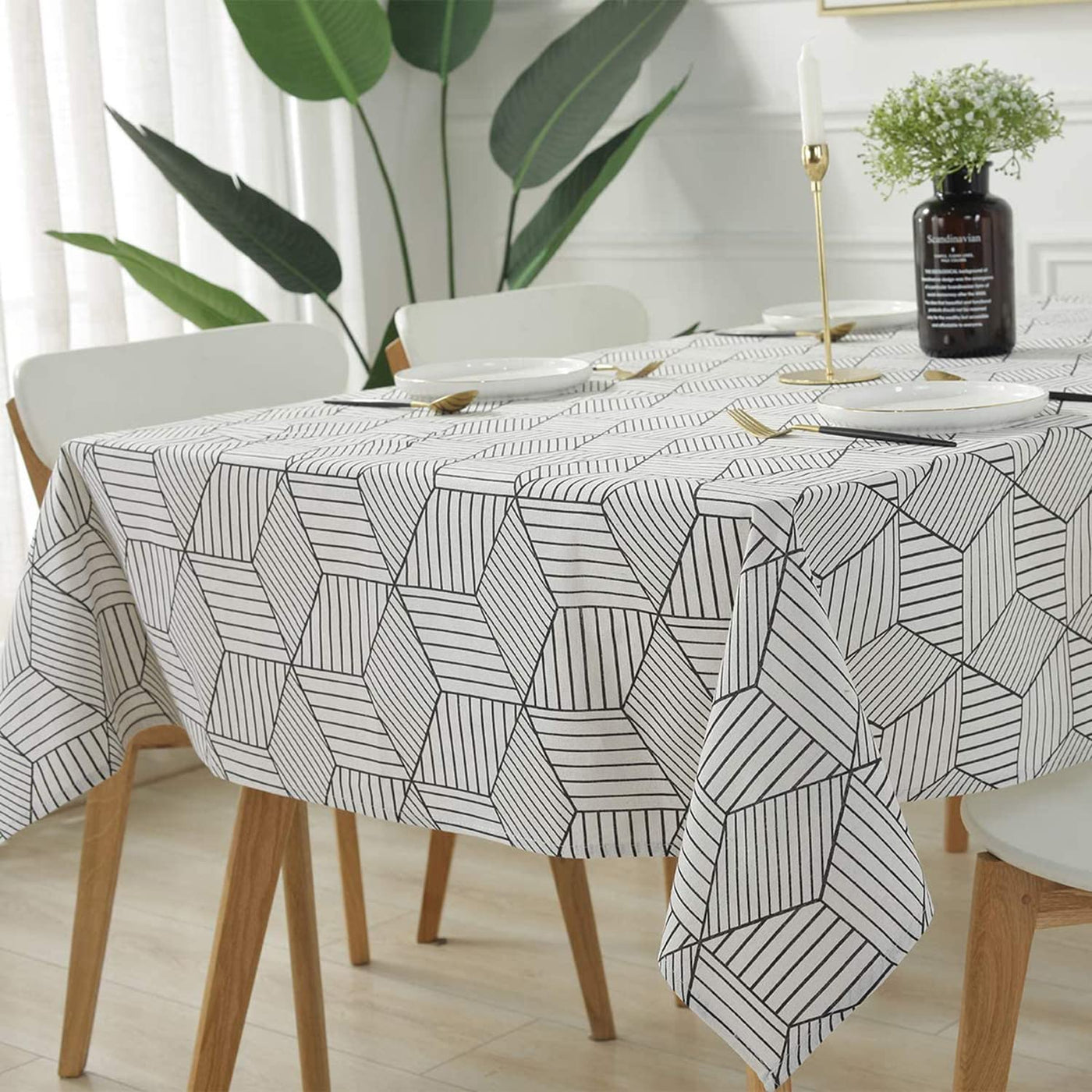 Rectangle Tablecloth Cotton Linen Table Cloth Dust-Proof Table Cover-White Stripe