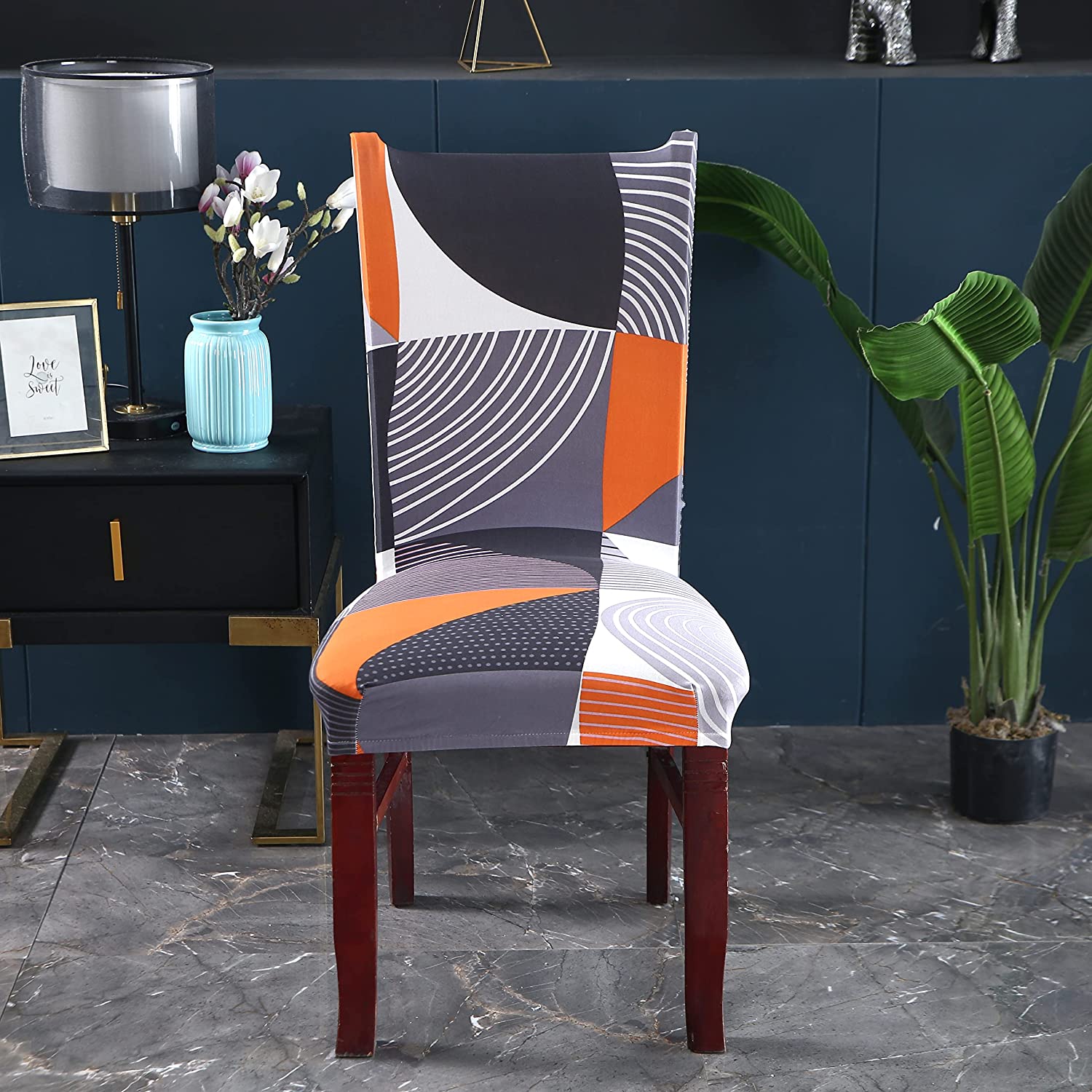 Elastic Chair Cover Stretch (Grey/Orange Abstract)