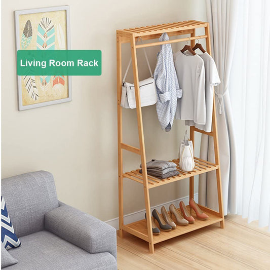 Bamboo Garment Coat Clothes Hanging Duty Rack with Top Shelf and Shoe Clothing Storage Organizer Shelves - DIY Rack (80X165 Dual)