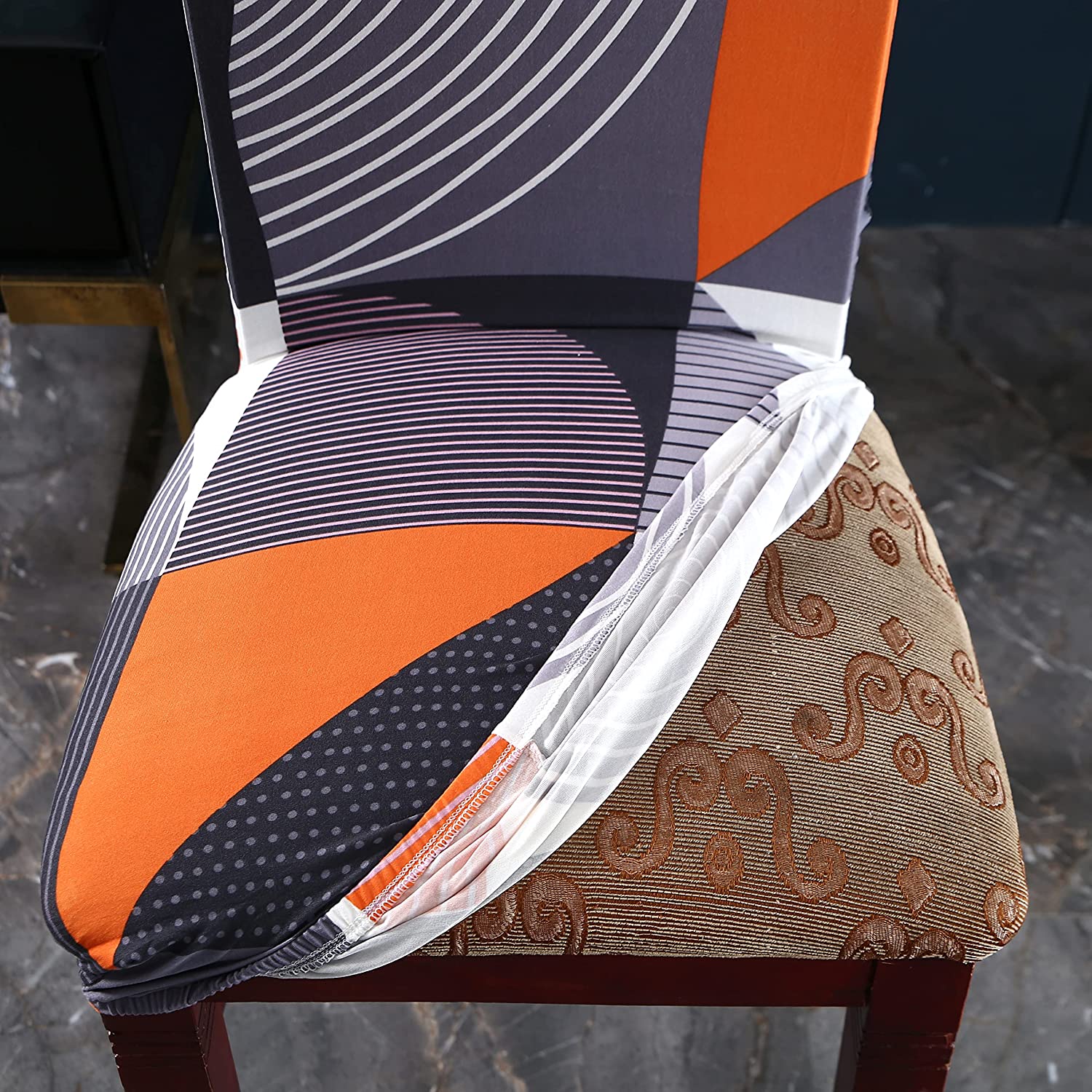 Elastic Chair Cover Stretch (Grey/Orange Abstract)