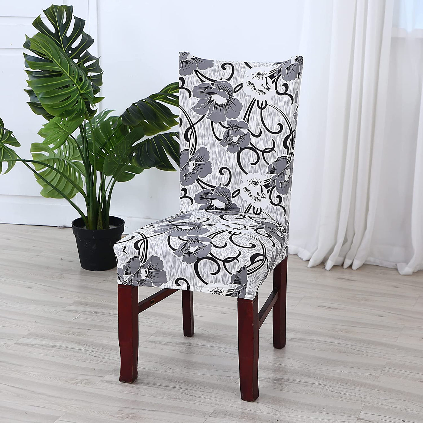 Elastic Chair Cover (White/Grey Flower)