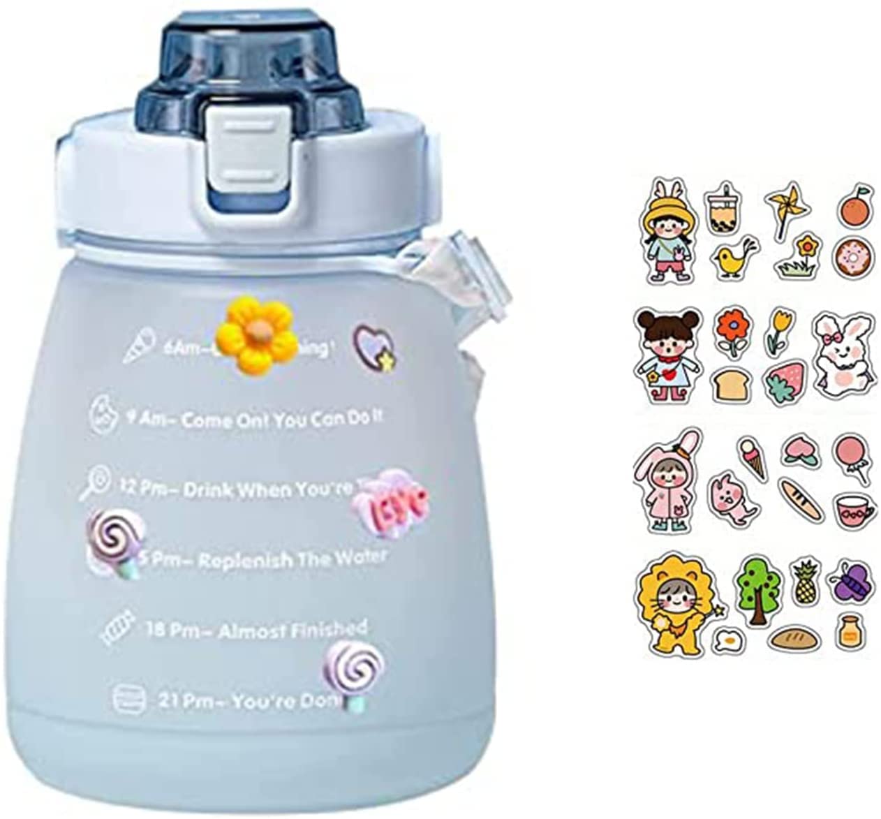 Big Belly 1.2L Water Bottle , Cute Large Capacity Water Bottle, With Time Marker Straw And Strap