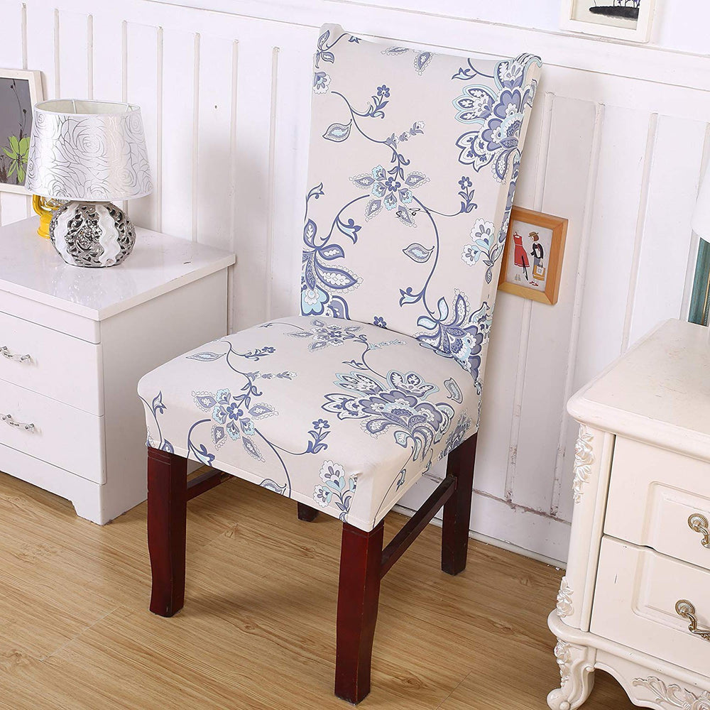Printed Elastic Chair Cover - Beige/Blue Flower