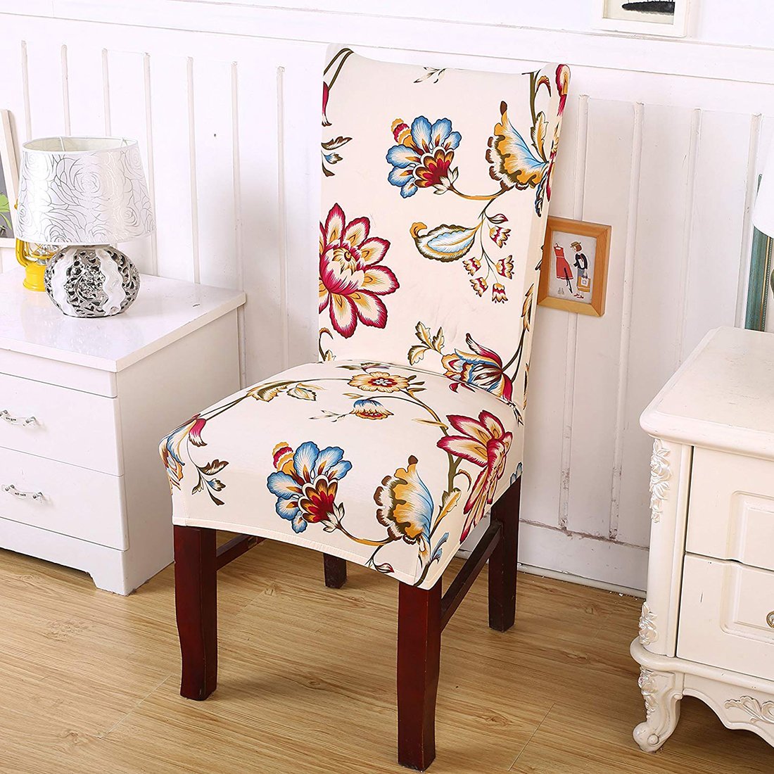 Printed Elastic Chair Cover - Beige Flower Blue/Red