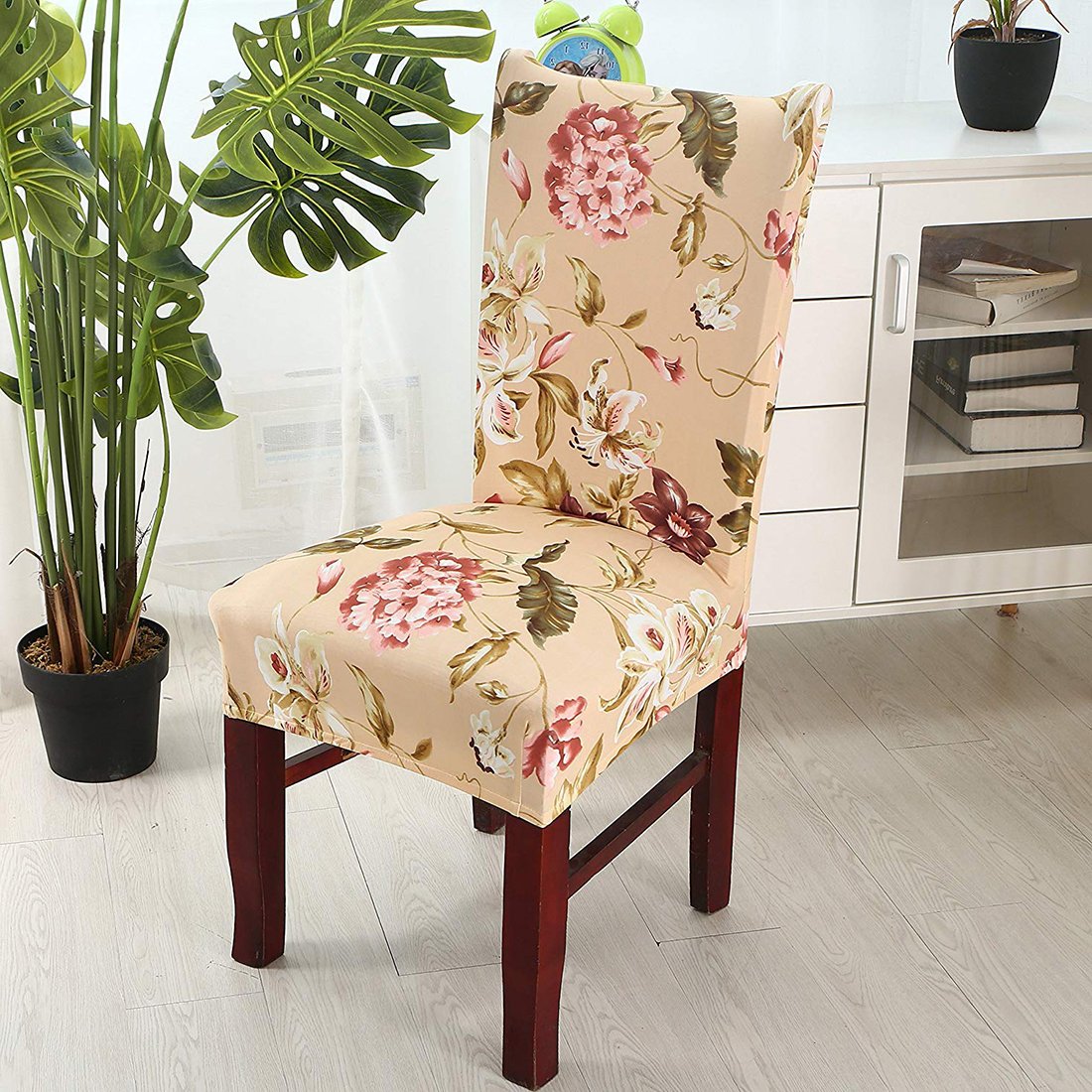 Printed Elastic Chair Cover - Beige Flower/Pink Green