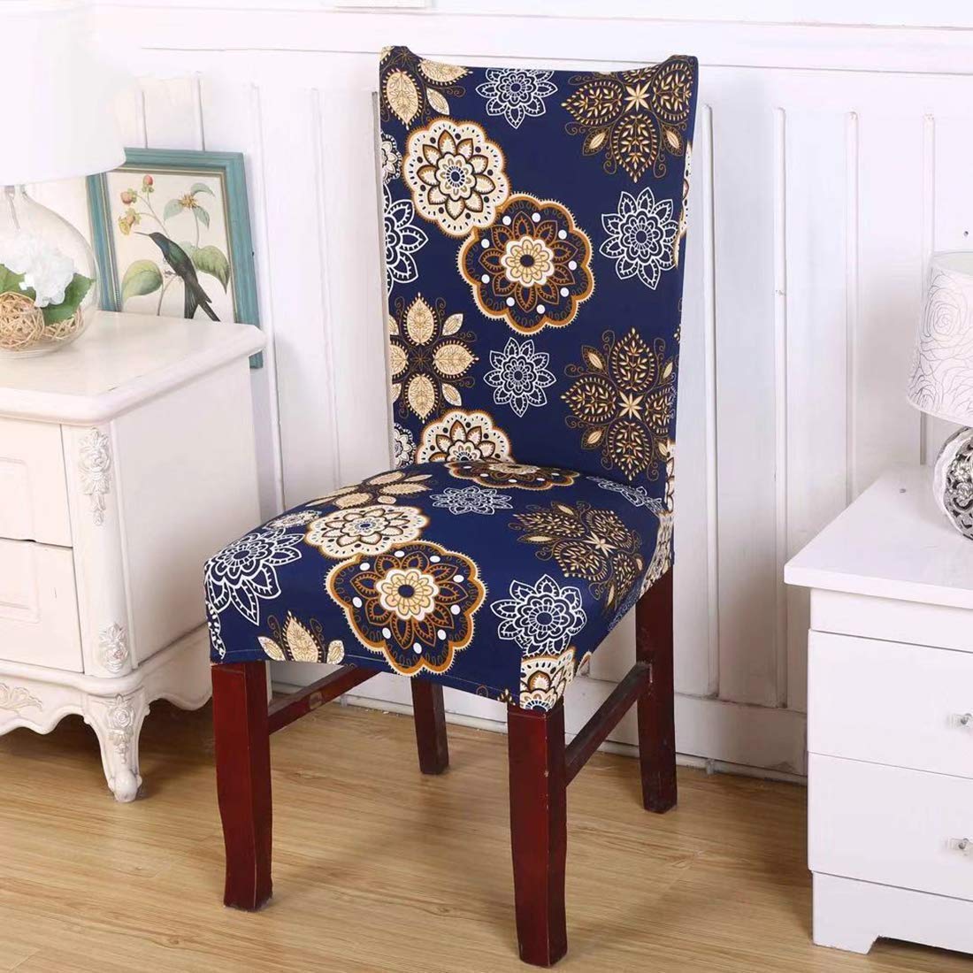 Printed Elastic Chair Cover - Blue Geometry Flower